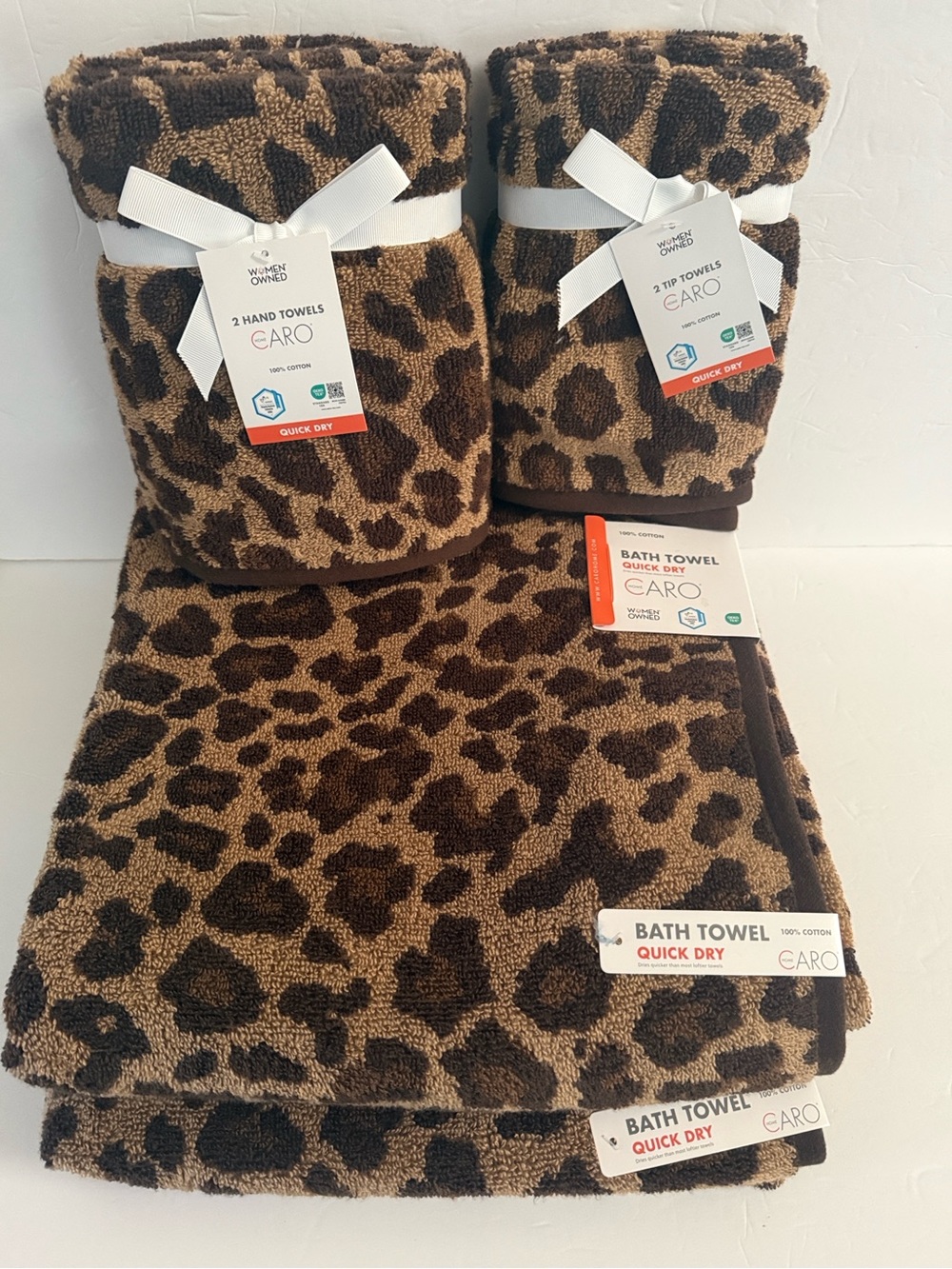 NWT Caro 6 Piece Quick Dry 100% Cotton Bath Towel Set Brown Tan Leopard Print